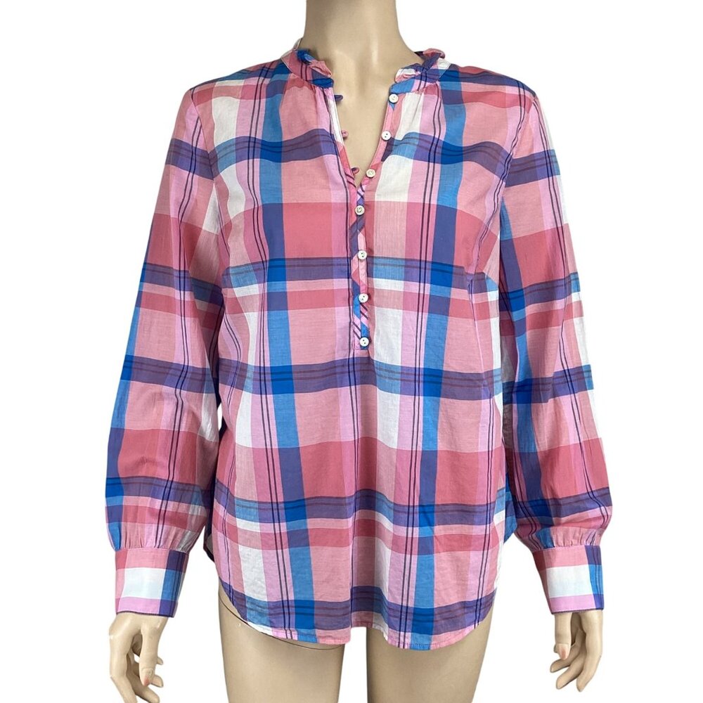 Talbots Top Size Small Plaid Pink & Blue Pullover Button-Down Blouse Long Sleeve